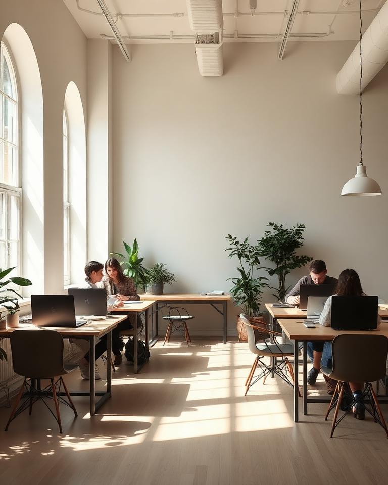 Coworking minimalista con luz natural